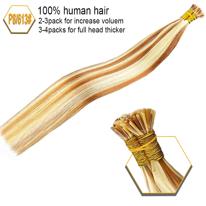 100% Human Hair Straight I Tip Hair Extensions Natural Real Human Fusion Hair Extensions Keratin Capsule Brown 613 Blonde Color