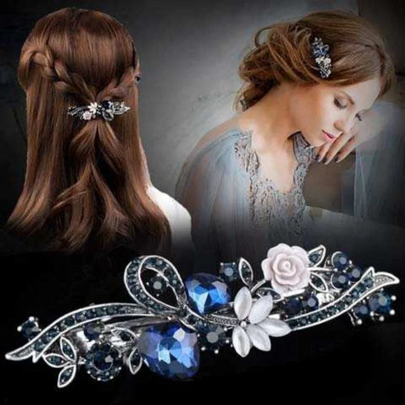 Red Crystal Flower Bow Spring Hairpin Vintage Ink Blue Rhinestone Horizontal Clip Top Clip Elegant Mom Fashion Hairpin Korean