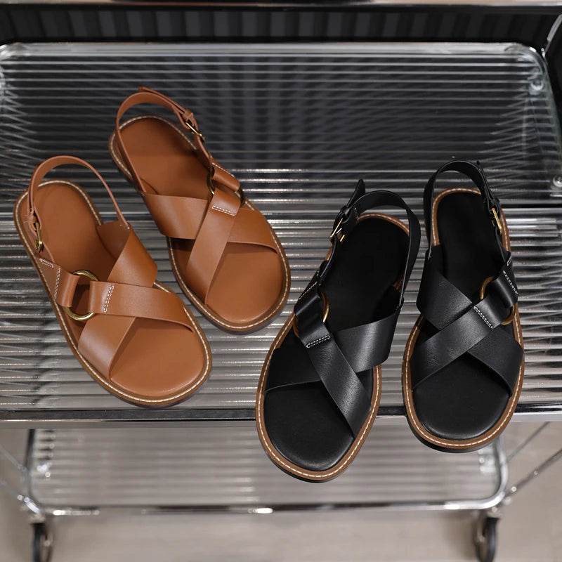 Sandals Woman 2025 New Spring Summer Fashion Comfortable Genuine Leather Flat Elegant Shoes for Women Casual Beach Shoe - AIAZ
