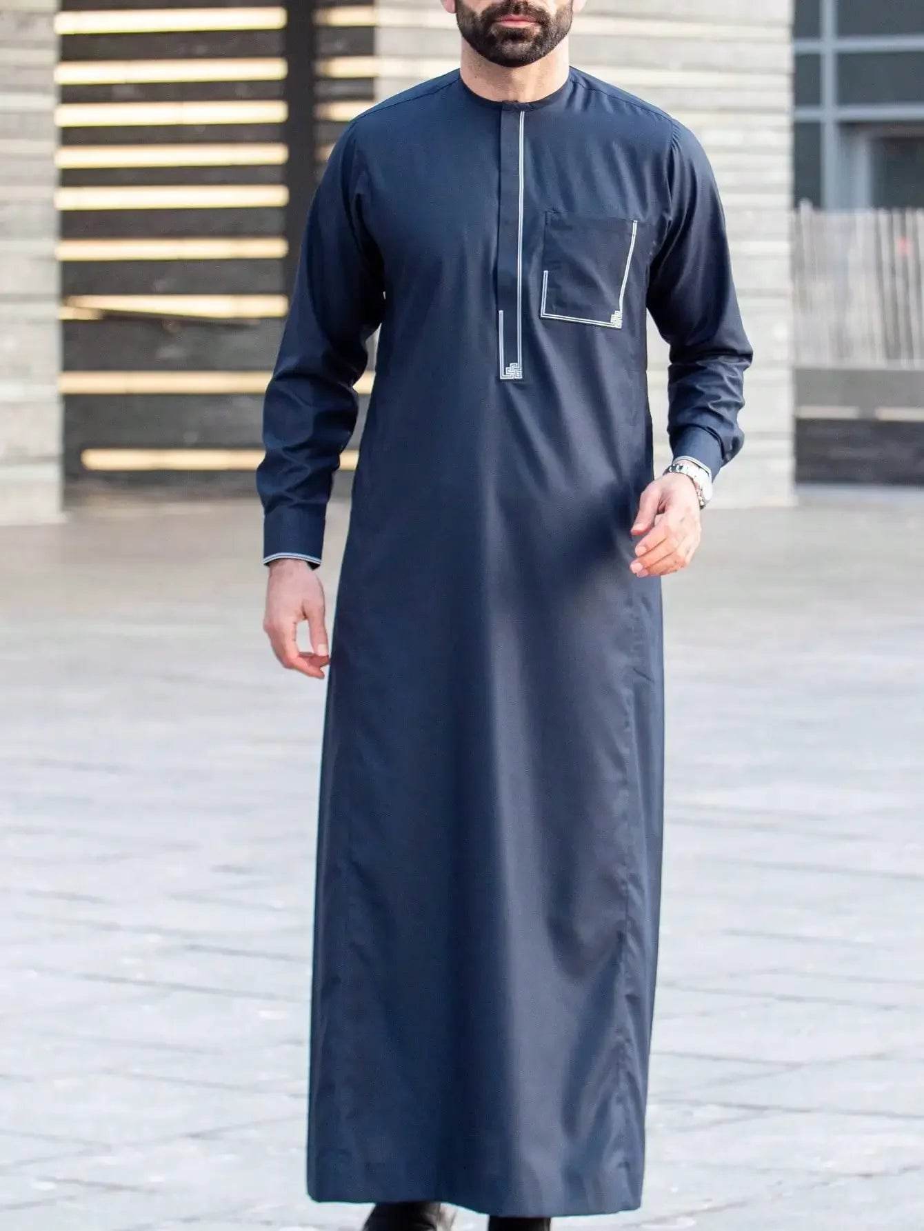Muslim men's robe long-sleeved ethnic style embroidered stand collar Arabic clothing men's Islamic casual robe - AIAZ