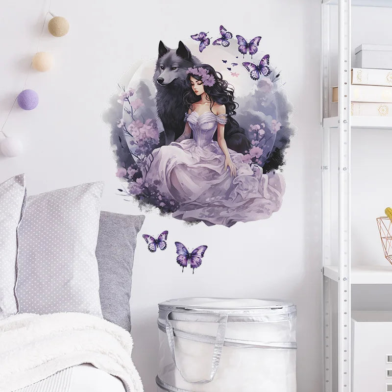 Purple Wolf Girl Vinyl Wall Decal For Kids Room Decoration Room Decor Bedroom Accessories Wall Art Home Decoration Wall Decor
