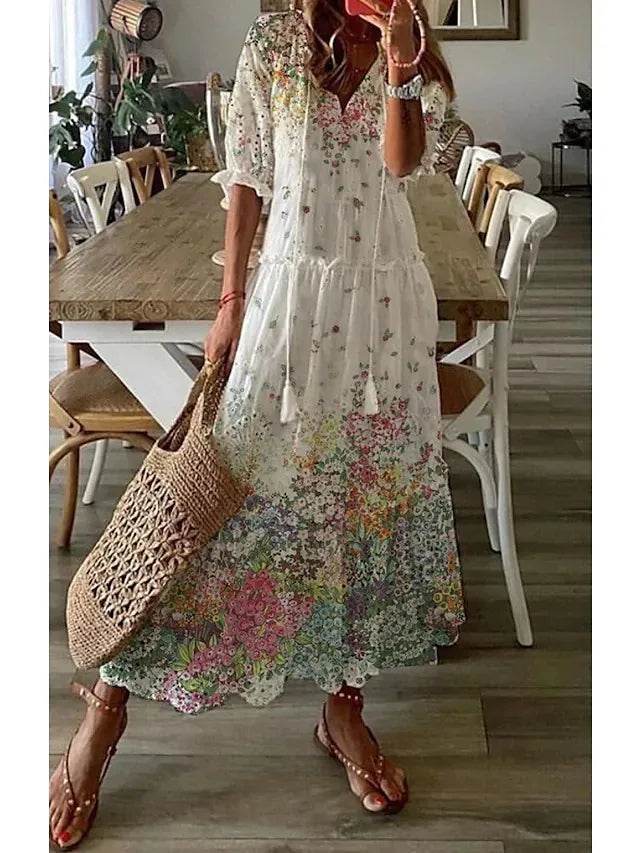 New Women's Spring Summer Dress Sexy V-neck Drawstring Printed Long-sleeved Dress Casual Loose Fashion Elegant Fresh Sweet Dress - AIAZ