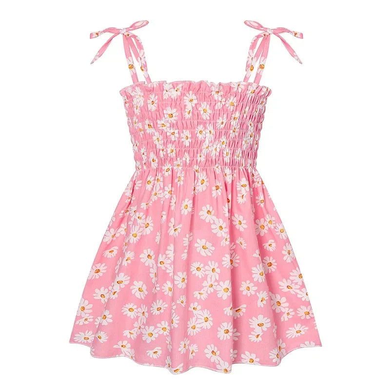 ‌2025 Summer Girls Princess Beach Dress Strapless Floral Print Sleeveless Party Wear Toddler Solid Color Casual Fashion 1-6Y