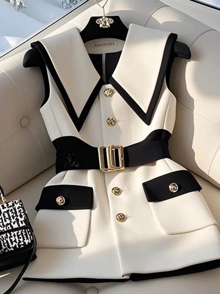 Large Size Summer White Jacket Vest Luxury Big Turndown Collar Point Collar Color Contrast Retro Waistcoat Elegant Office Ladies - AIAZ