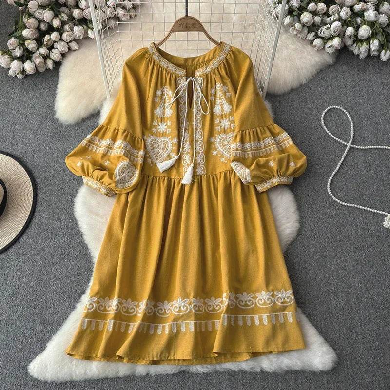 Women's Spring Summer Dress Bohemian Retro Ethnic Style Diamond Cotton Linen Blend Embroidered Lantern Sleeves Mini Dress A20 - AIAZ