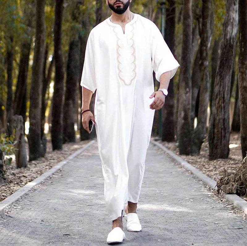 Men Muslim Summer Fashion Loose Robe Islam Kaftan Men Clothing Dubai Luxury Muslim Abaya Muslim V-neck Short Sleeve Printing - AIAZ