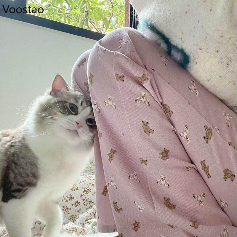 Pink Jeans Women Sweet Cute Cartoon Bear Print High Waist Wide Leg Pants Vintage Girls Casual Y2k Aesthetic Loose Denim Trousers - AIAZ