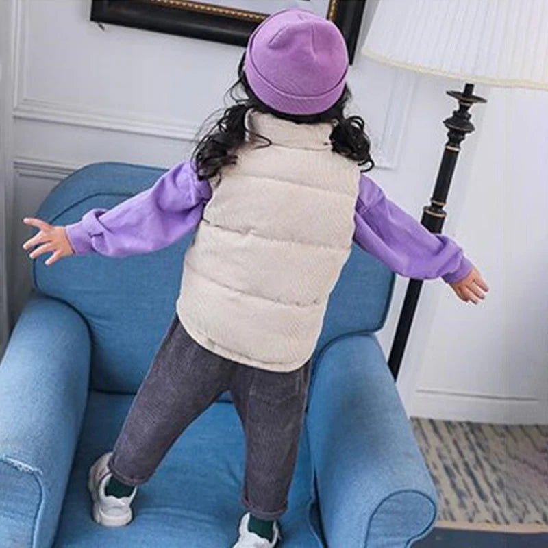 Children Autumn Winter Warm Vest Girls Casual Solid Color Jacket Boys Simple Fashion Collar Thickened Corduroy Waistcoat 2-10T