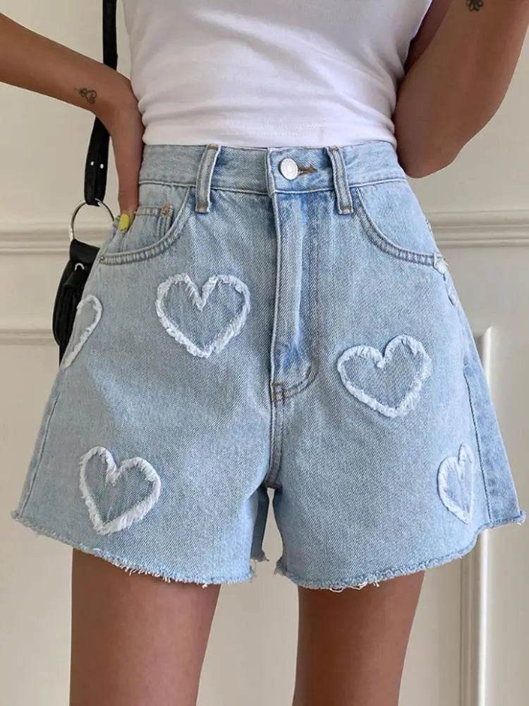 Women's Jeans Shorts Blue Cute Raw Edge Heart Pattern High Waist Fashion Denim Hot Pants Y2k Summer Casual Clothing - AIAZ