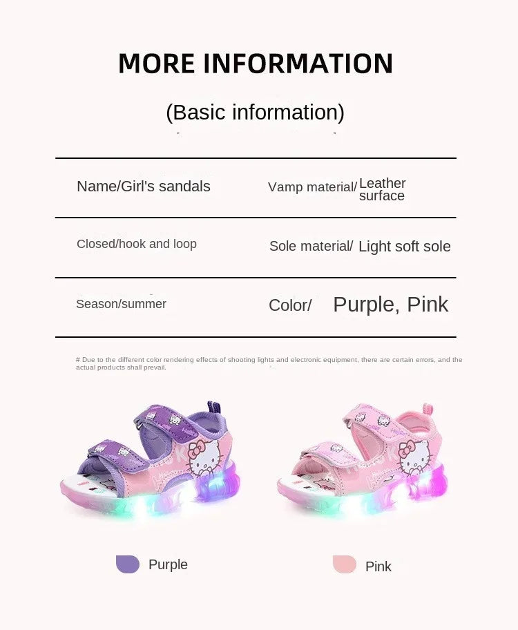 2024 Summer Baby LED Light Sandals For Girls Cute Hello Kitty Children's Casual Shoes Anti-slip Kids Beach Shoes Outdoor Shoes