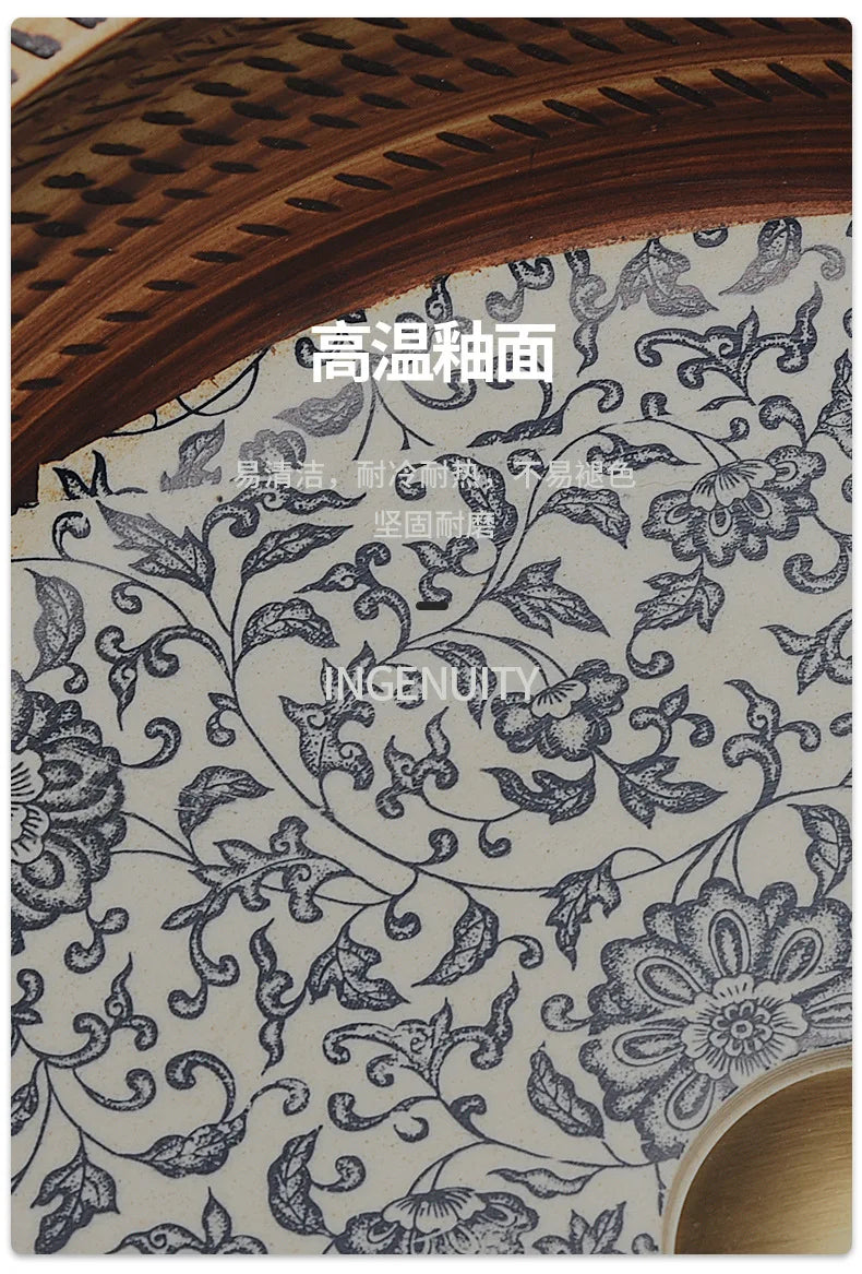 41*41*14cm European style Ceramic Washbasin Retro Printing Bathroom Sink Countertop Round Bowl Basin with Hardware Faucet Set