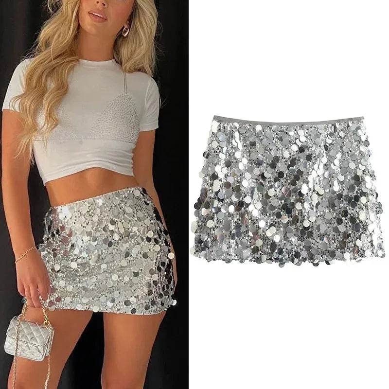 Silver Sequin Skirt Woman High Waist Mini Skirt Woman Fashion Shiny Glitter Elegant Short Skirts For Women Y2k Skirts - AIAZ