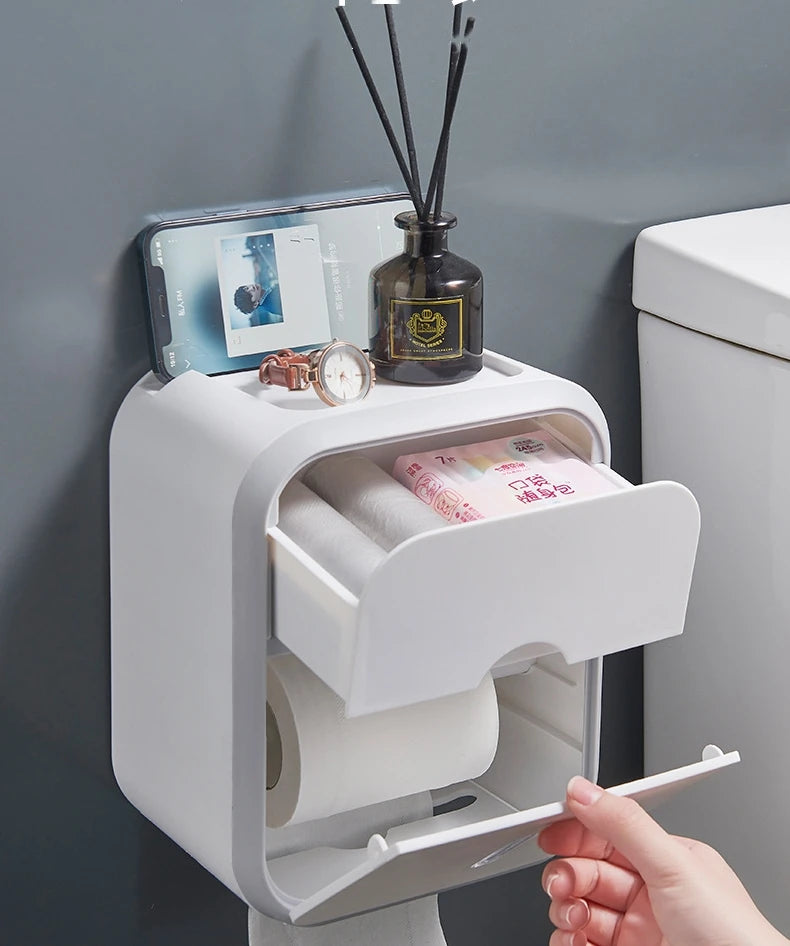 Toilet Paper Holder Box holder Bathroom Rack Waterproof Reel Tissue Storage Box Punch-free Kitchen Bathroom Storage Holder