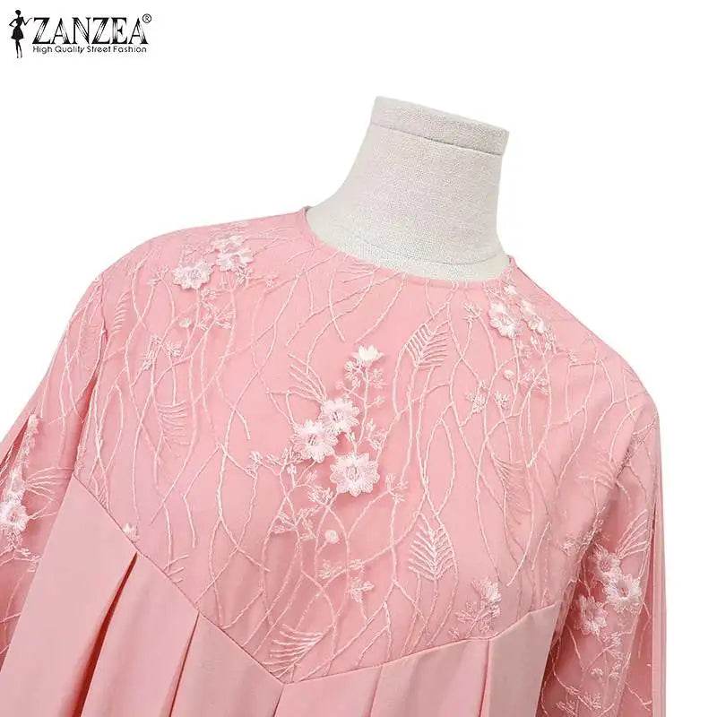 Autumn Muslim Fashion Long Dress ZANZEA Women Long Sleeve O Neck Vestidos Dubai Kaftan Maxi Sundress Robe Elegant Lace Abaya - AIAZ