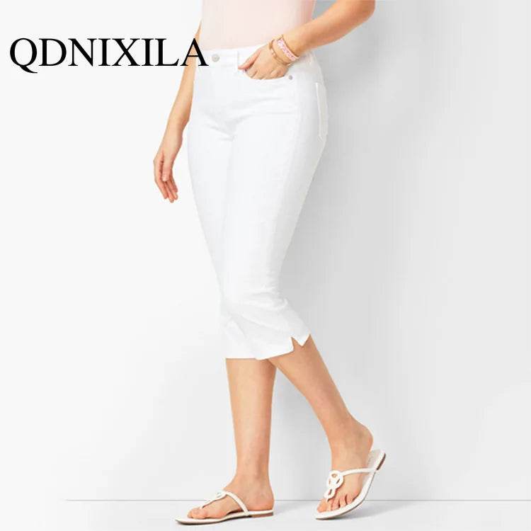 Woman's Jeans Black Denim Pants Ladies Cropped Trousers Skinny Knee Length Jeans Women Elastic High Waist Mom Jeans Oversize - AIAZ