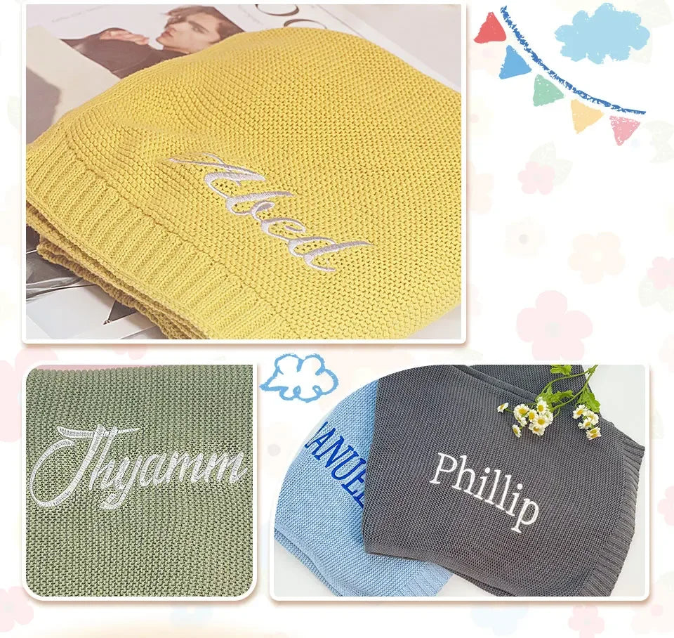 Personalized Name Baby Knitted Blanket Set Infant Cotton Blanket with Soft Comforter Toy&Percifer Baby Shower Gifts Bith Gift