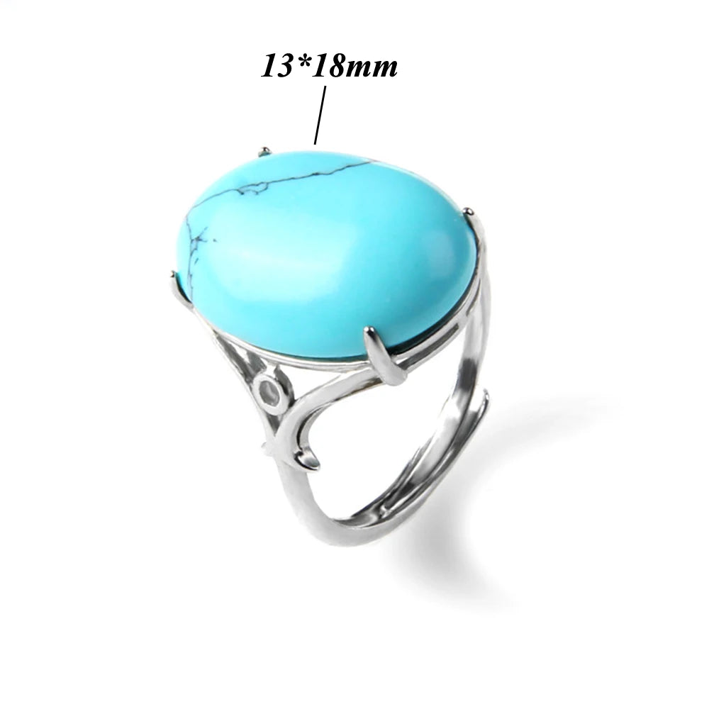 Cabochon Natural Stone Ring 10*14MM Oval Agates Turquois Quartzs Gem Finger Ring Silver Color Adjustable Open Rings Jewelry Gift
