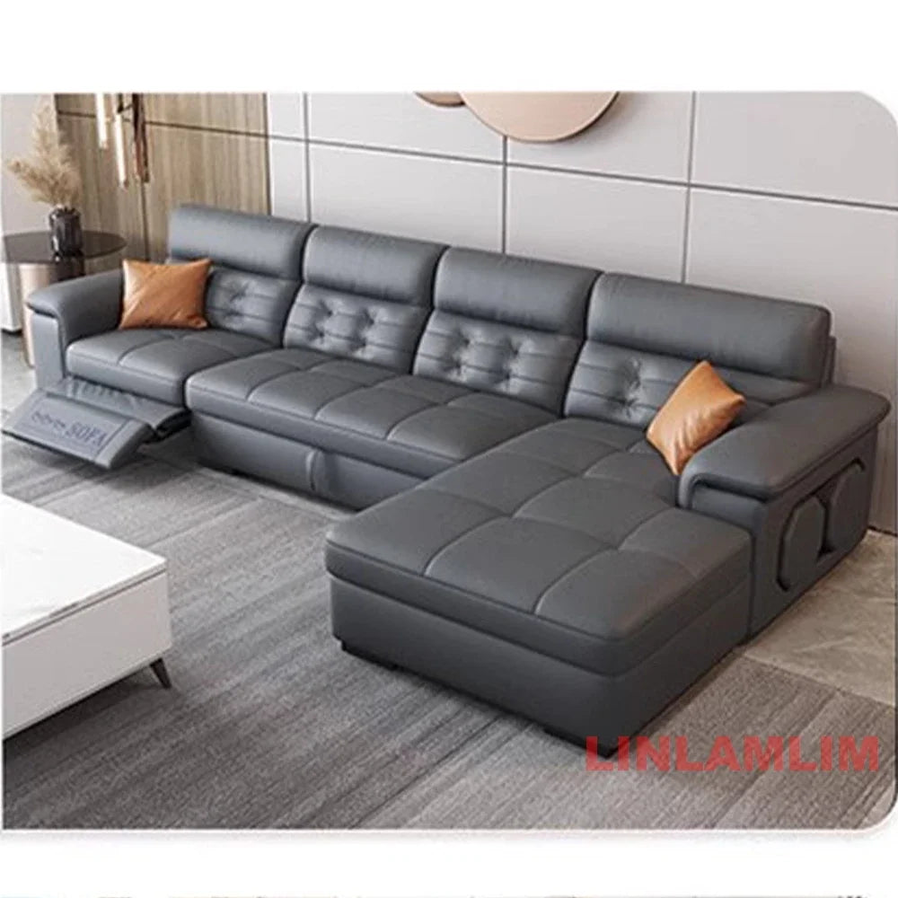 MINGDIBAO Sectional Sofa Bed with Storage, Genuine Leather Reclining Couch, Space-Saving Convertible Sleeper Sofa in Living Room