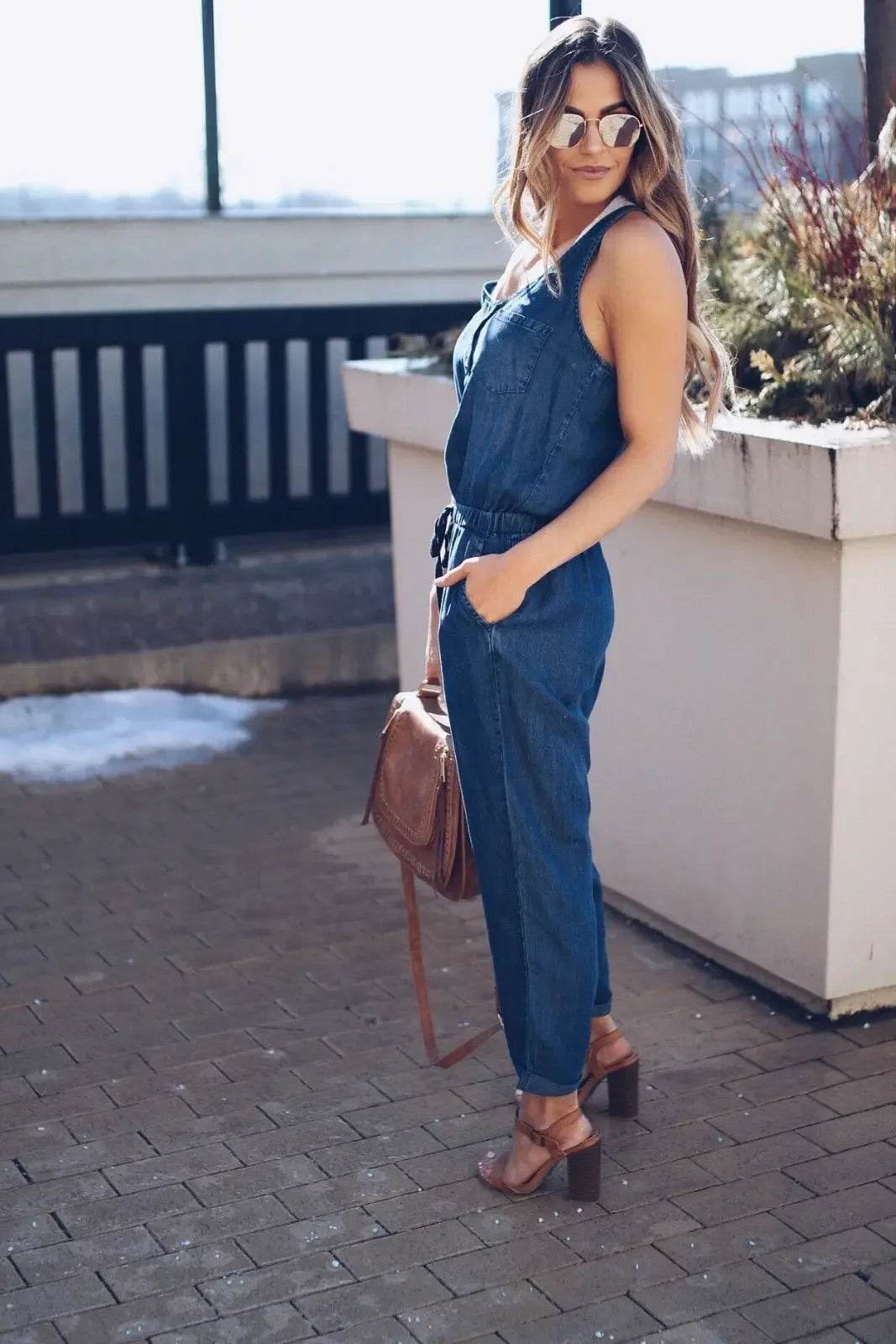 Summer Fashion Jumpsuit for Women Romper Overalls Single-breasted Casual Denim Trousers Sleeveless Ankle Pants Loose Jumpsuits - AIAZ