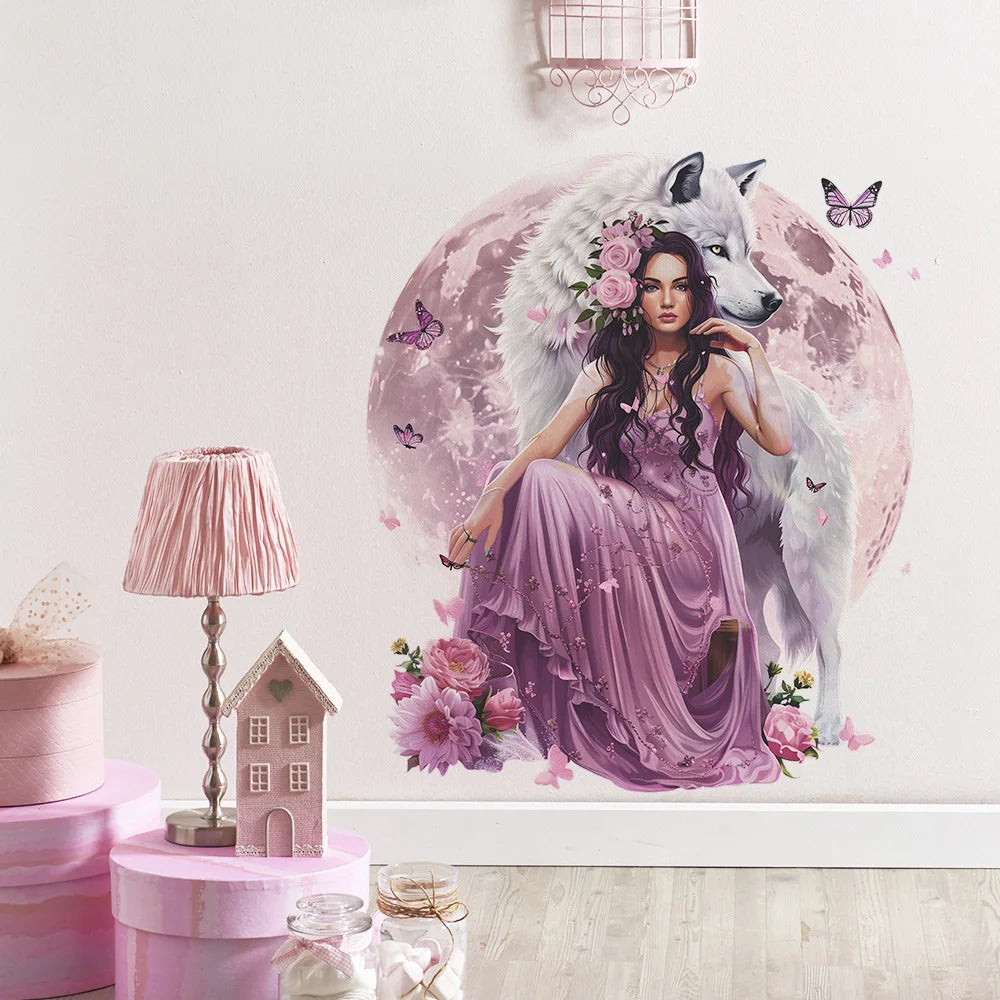 Purple Wolf Girl Vinyl Wall Decal For Kids Room Decoration Room Decor Bedroom Accessories Wall Art Home Decoration Wall Decor