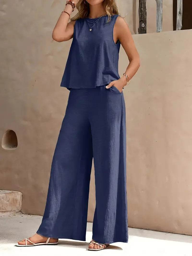 Women's Casual Set Solid Color Elegant Comfortable Round Neck Vest and Wide Leg Pants Two Piece Versatile Comfortable - AIAZ
