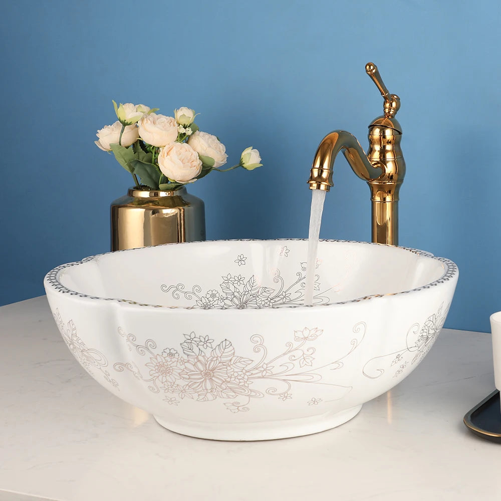 ZAPPO Above Counter Ceramic Vessel Sink For Bathroom Round Petal Shaped Flower & Bird Pattern Wash Basin Bowl Sinks With Faucet