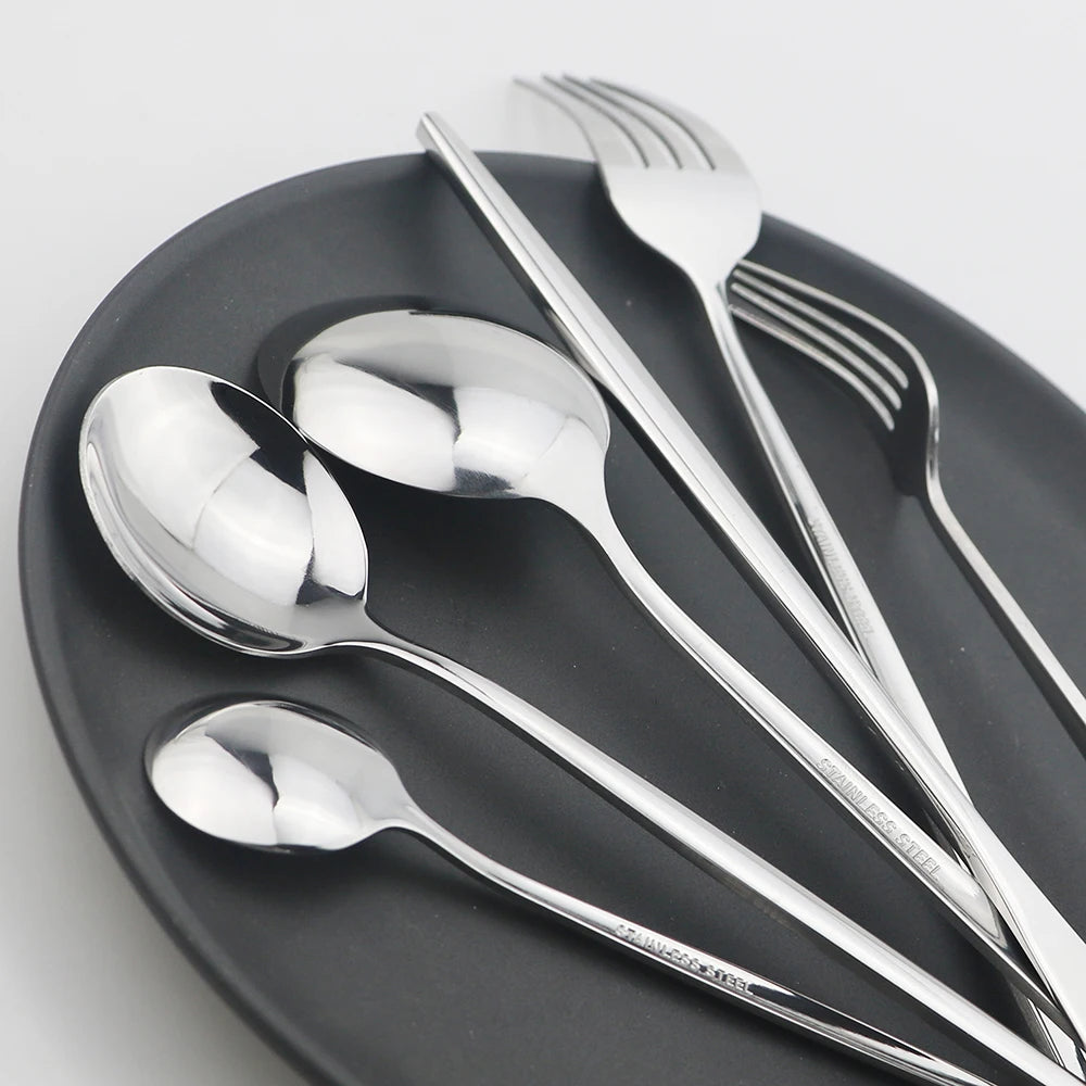 24Pcs Stainless Steel Dinnerware Set Kitchen Fork Spoon Knife Dinner Cutlery Set White Silver Western Flatware Tableware Set