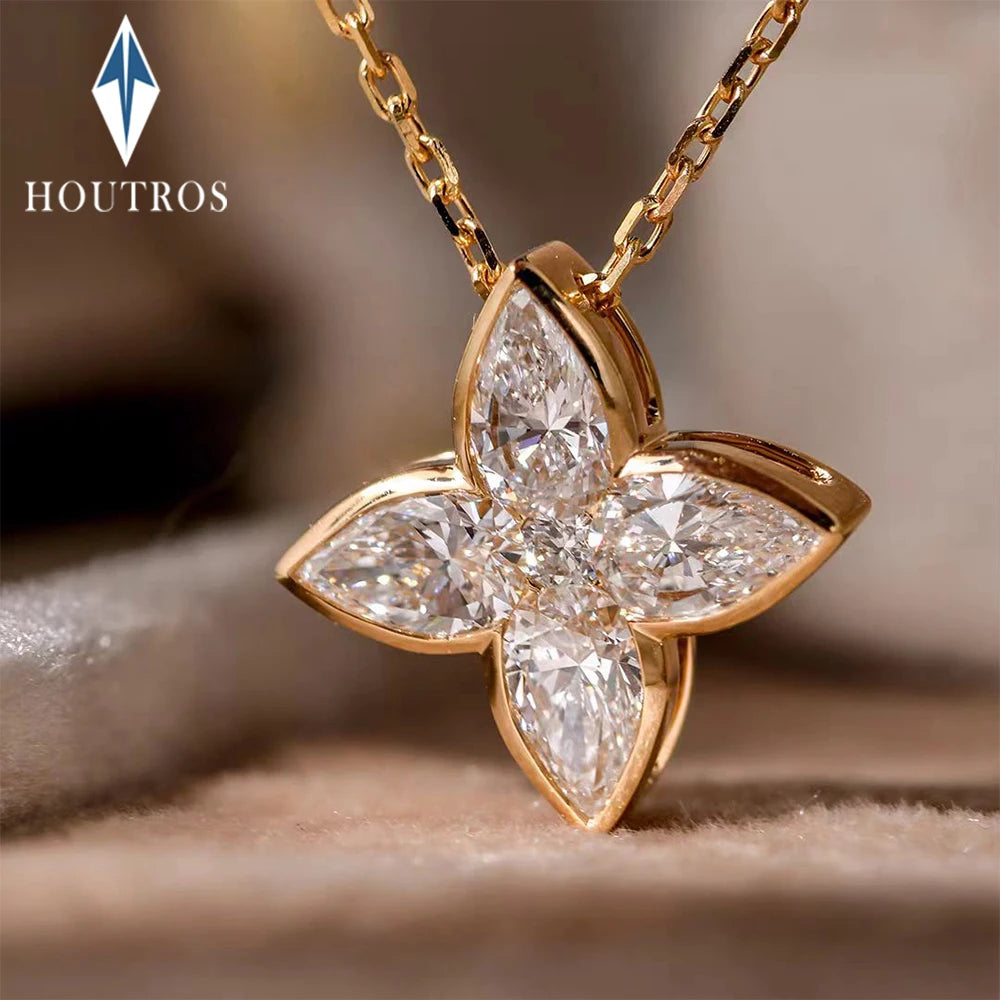 Bezel Set Full Moissanite Flower Pendant Necklace for Women Sparkling Pear Cut Diamond Pendant S925 Silver Wedding Party Jewelry