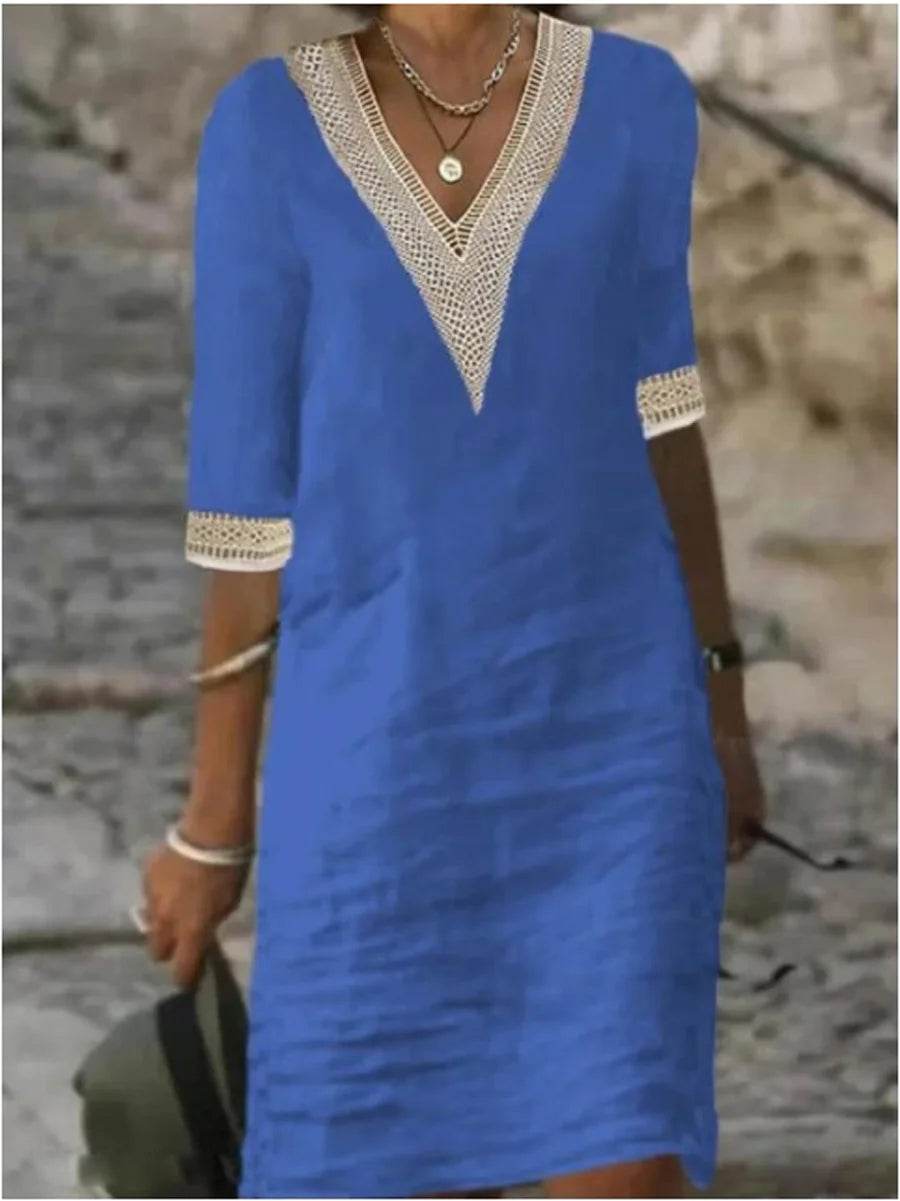 Women Cotton Linen Dress 2025 Summer Sexy V-neck White Dress Elegant Luxury Casual Solid Color Mid-Sleeve Female Y2k Streetwear - AIAZ