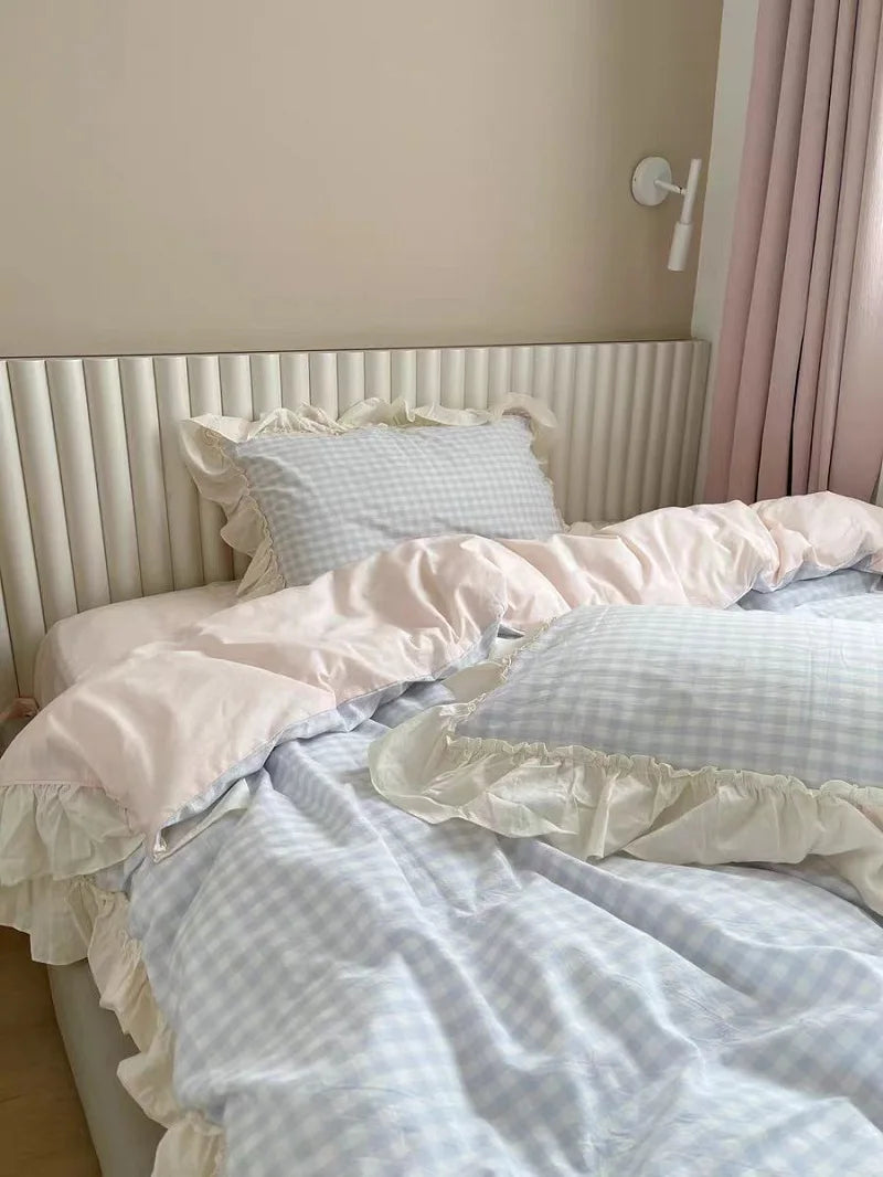 Korean Princess Style Bedding Set Soft Skin-friendly Lattice Lace Ruffles Quilt Cover Plaid Style Duvet Covers Set Pillowcases