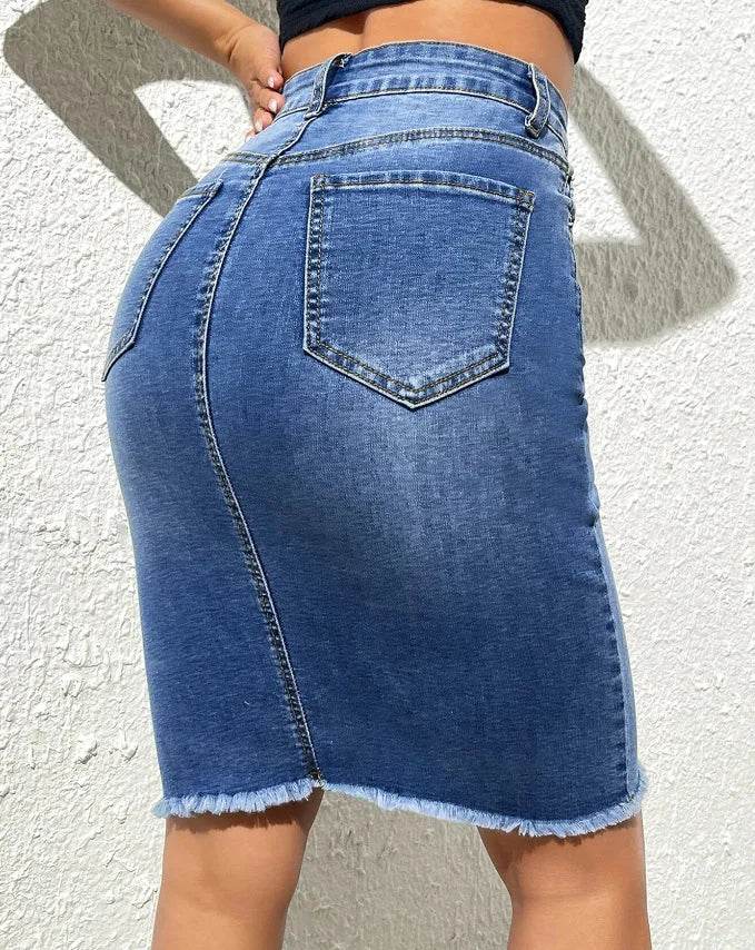 Skirts Women Denim Skirt Mid Length Slim Fit Solid High Waist Casual Regular Elegant Splice Hip Wrap Button Pocket Summer - AIAZ