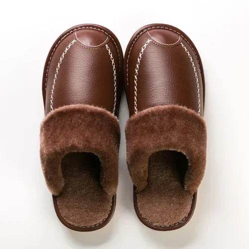 Men Winter Leather Slippers Bedroom Cotton Slippers Male Waterproof Thick Plus Velvet Indoor Warm House Home Slippers Shoes - AIAZ