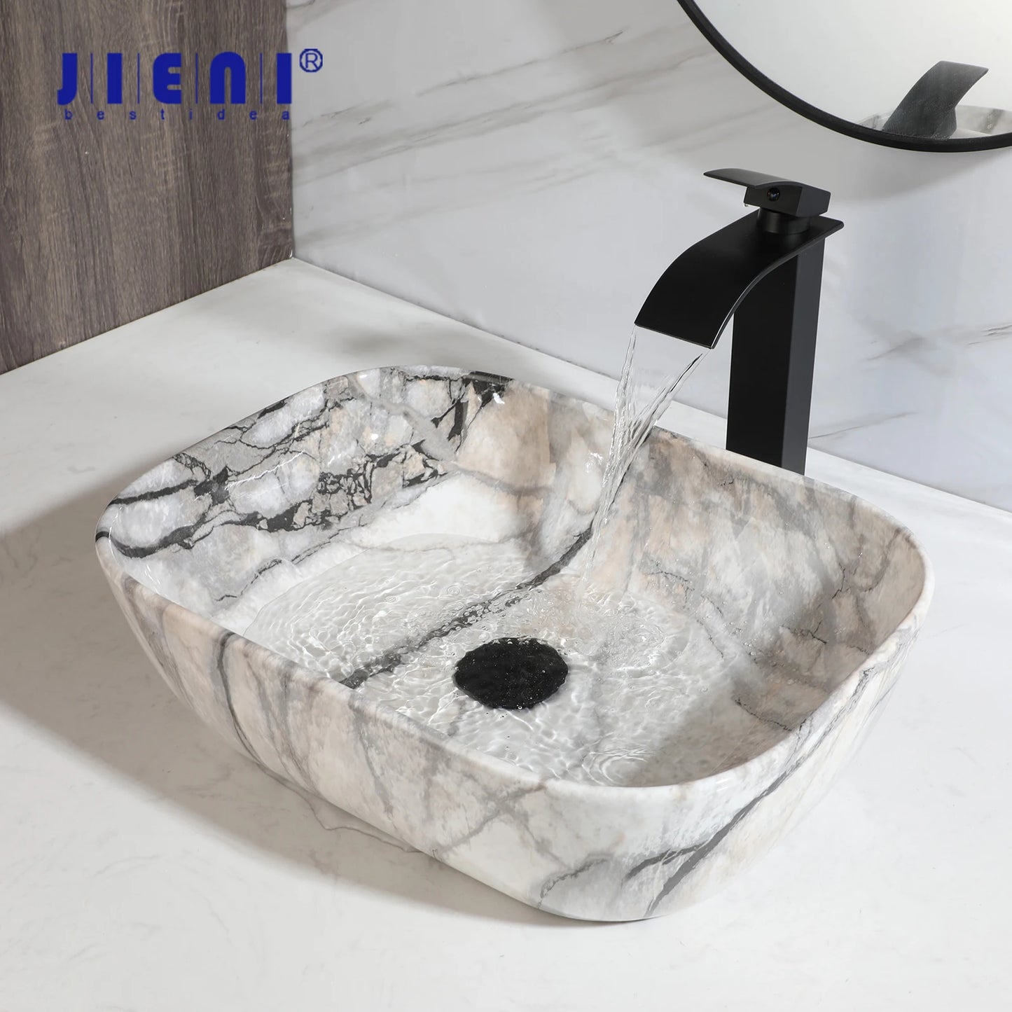 JIENI Bathroom Marble Style Vessel Sink Set Square Ceramic Basin Bowl Sink Black Faucets High-end European Modern Washbasin