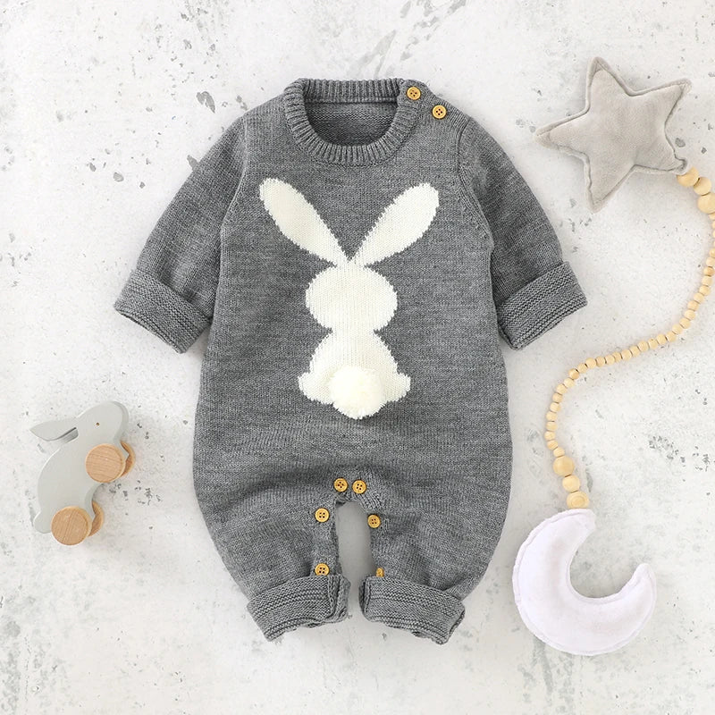 Cute Rabbit Knitted Baby Rompers Clothes Spring Autumn Crew Neck Long Sleeves Newborn Boys Girls Easter Jumpsuits Outfits 0-18m