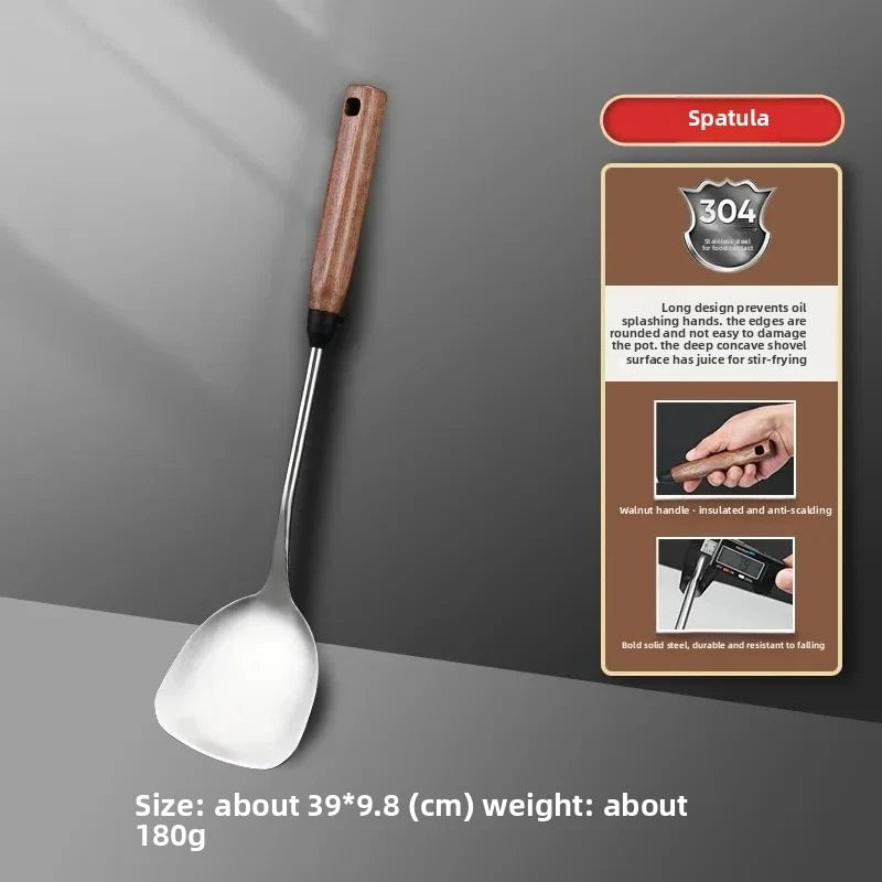 304 Stainless Steel Kitchenware Household Anti-scald Walnut Handle Cooking Spatula Set