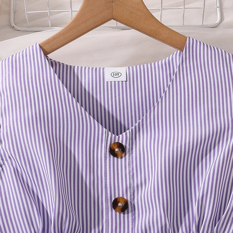 Girl Dress Summer New Light Blue Stripe Ruffled Sleeveless V-Neck Dress Elegant Cute Daily Casual Vacation Preppy Style Outifits