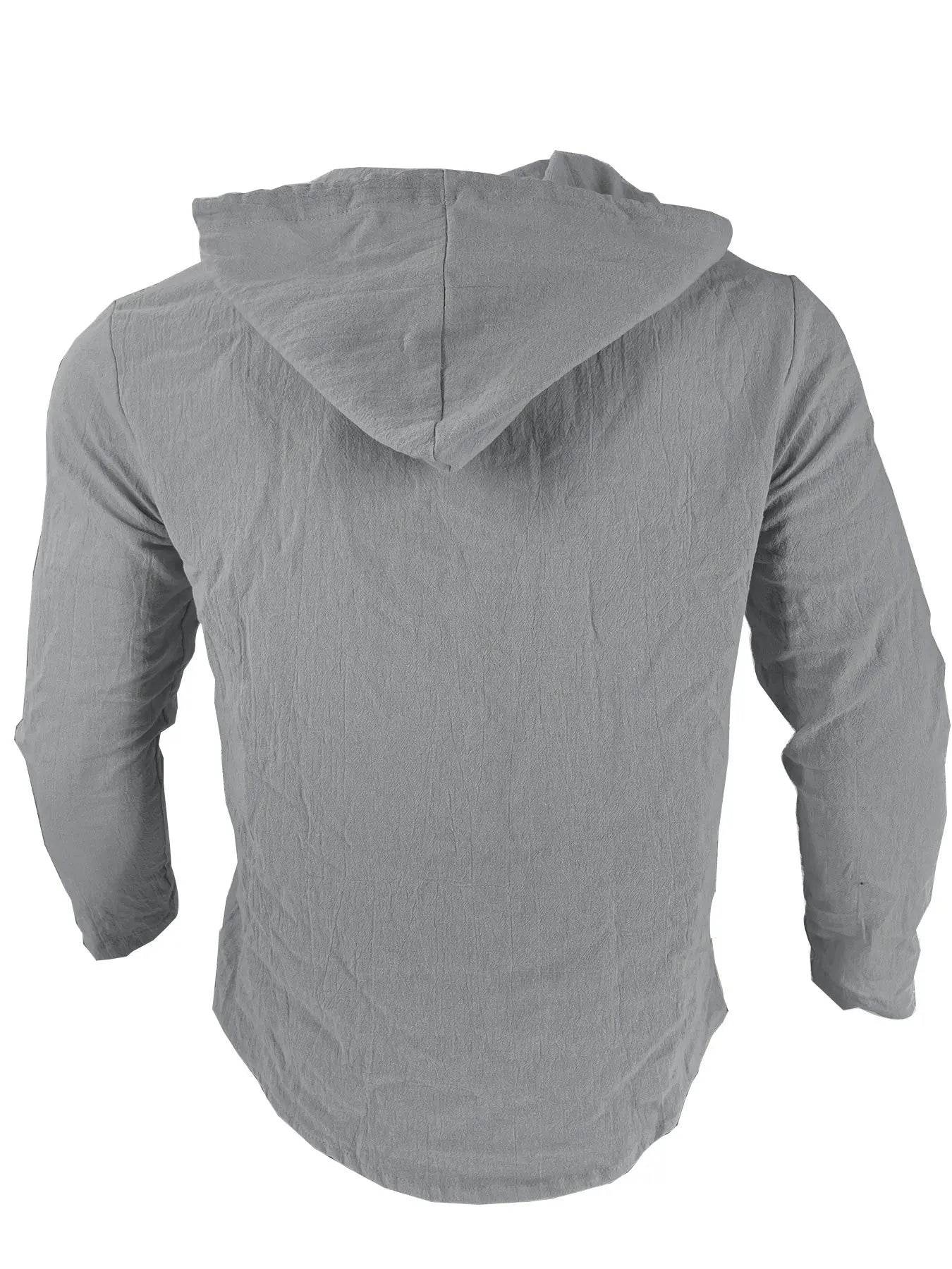 Men's T-shirt Long-sleeved Hooded Cotton Linen Buttons Basic Casual Street Fashion Top Streetwear Tees - AIAZ