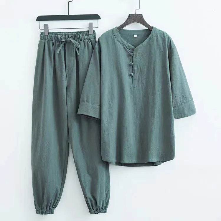 New Men's Cotton Linen Sets Chinese Style Solid Short Sleeve Pants Two Pieces Traditional Clothes Kung Fu Uniform Tang Suit Male - AIAZ