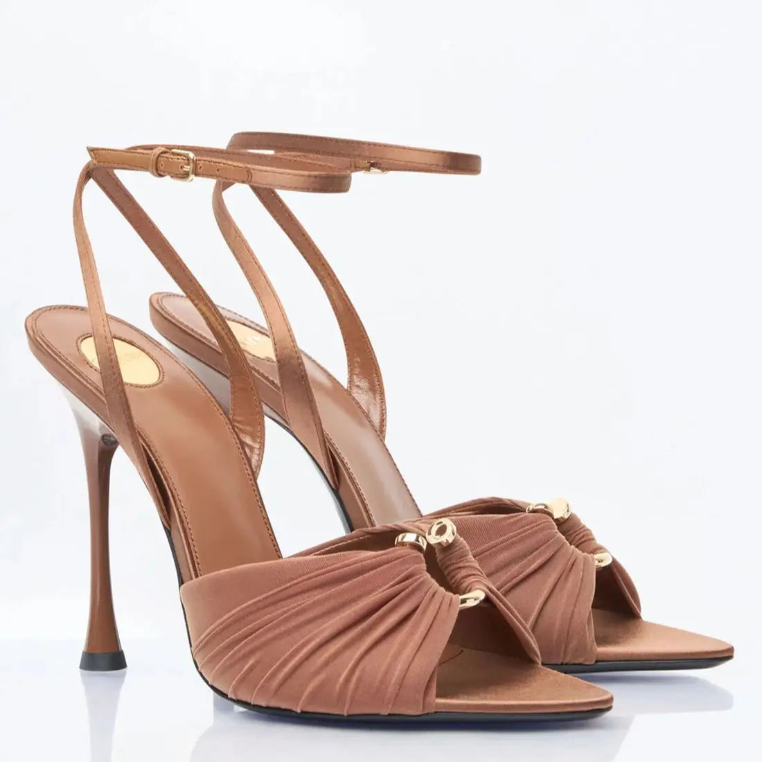 Brown Satin Pointed Toe Women Sandals Ankle Strap Buckle Thin High Heels Summer Stilettos Slingback Mules Women New Arrival 2025