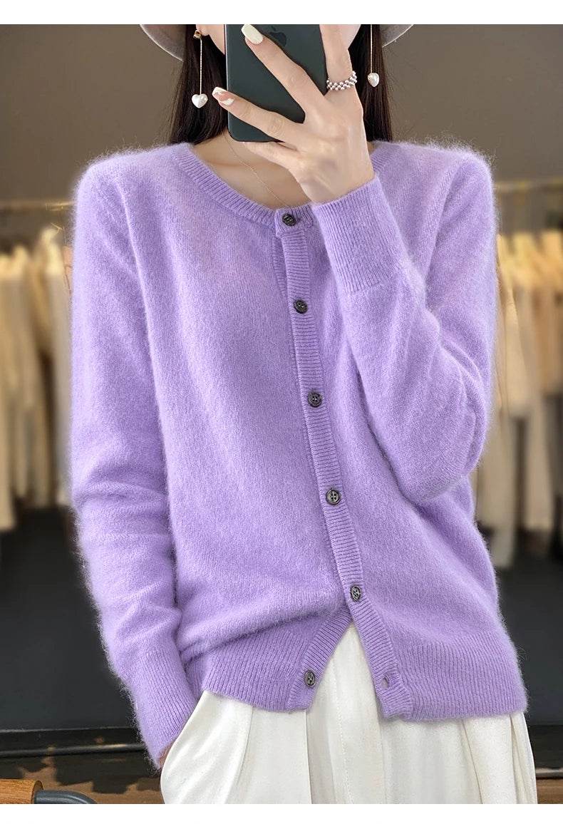 Women's Cardigan 100% Mink Cashmere Sweater,O-Neck Long Sleeve Top,Plus-Size Loose,Spring and Autumn Soft Knitted Jacket Female - AIAZ