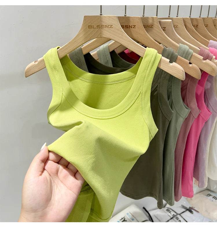Women Solid Round Neck Ribbed Tank Top Camisole Women 2025 Summer Basic Elastic Tank Top O Neck Solid Tank Top - AIAZ