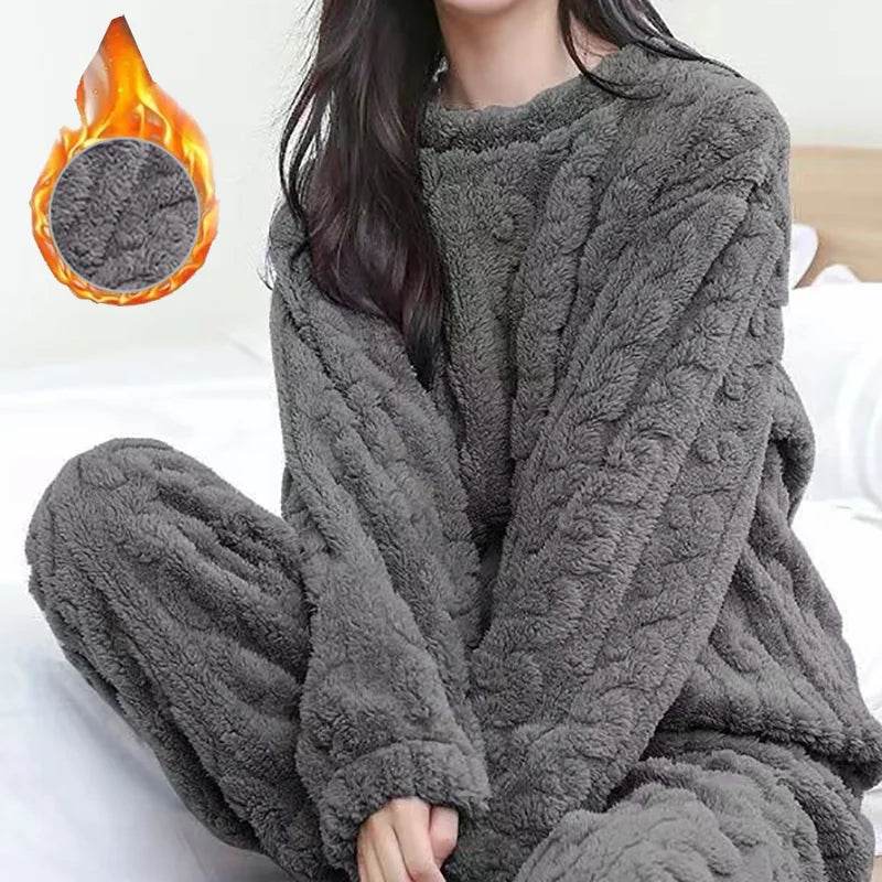 Autumn Women Solid Warm 2 Piece Sets Thicken Velvet Ribbed Fleece Set Pullover And Pants Women Casual Pajama Sets 2024 - AIAZ