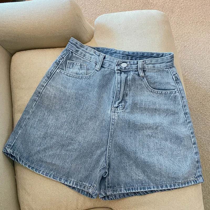 Denim shorts women's summer new trendy Instagram high waist simple slimming loose wide leg versatile A-line hot pants - AIAZ