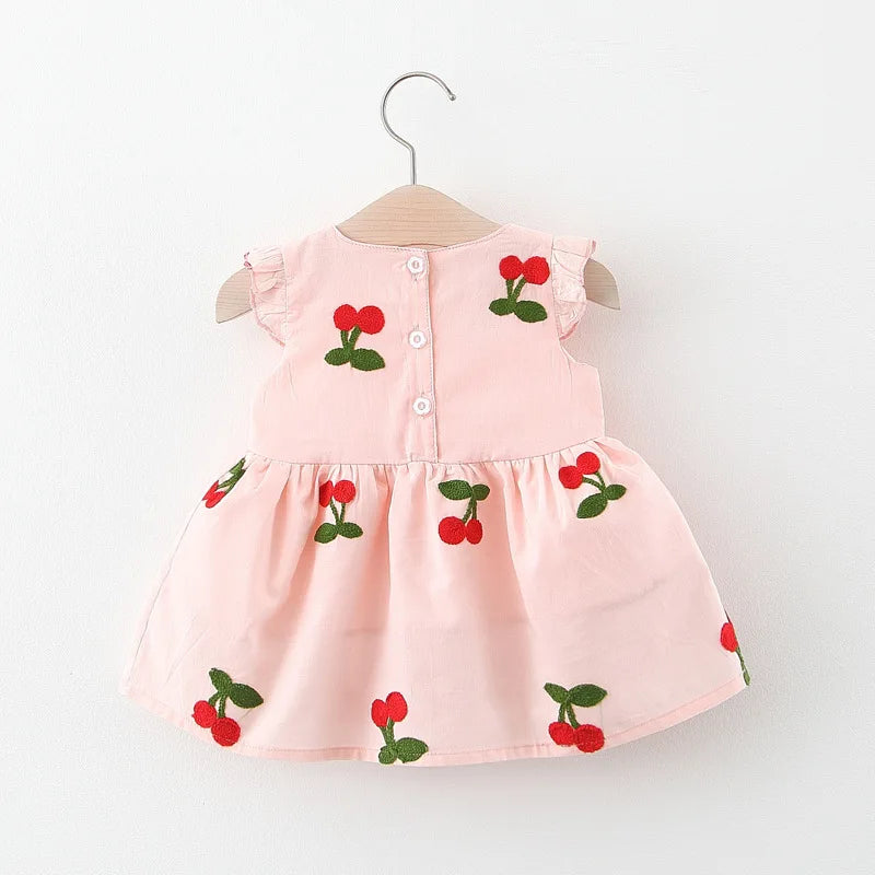 Summer Baby Girl Dress Girl's Cherry Embroidered Round Neck Small Flying Sleeves Princess Dress Children's Dress