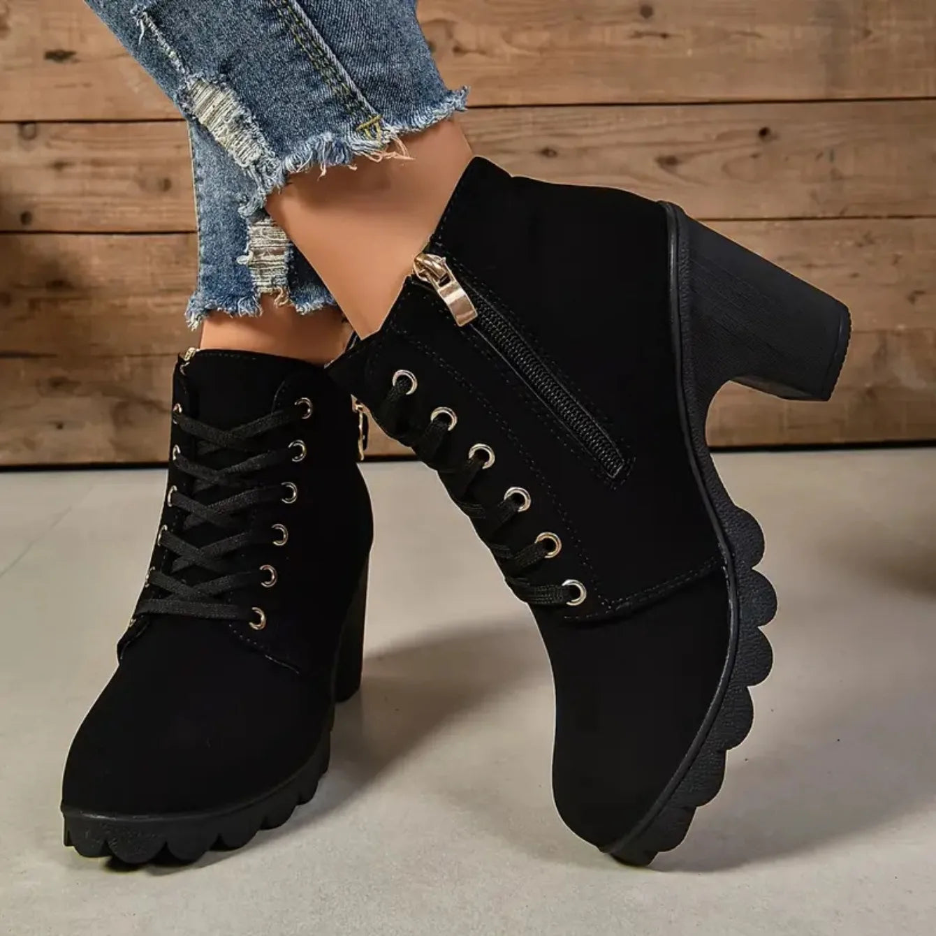 Women Boots Autumn Winter High Quality Boots Lace-up High Heels Shoes for Women Outdoor Fashion Anti-slip Boots Botas De Mujer