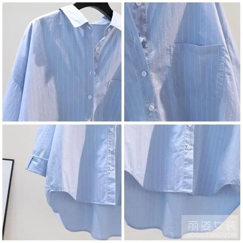 Women's Clothing 2023 Striped Simplicity Fashion Casual Spring Summer Thin Pockets Turn-down Collar Button Loose Formal Blouses - AIAZ