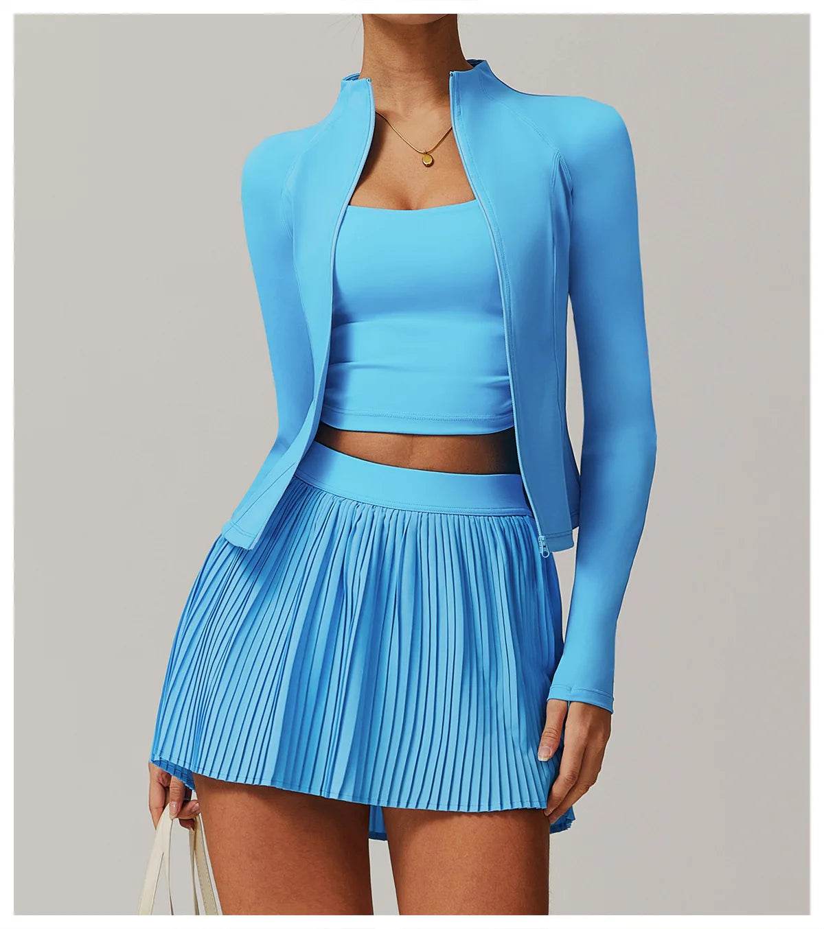 Yoga Sets Workout Sets for Women 2 Pieces Gym Suits Long Sleeved Outfits Zipper Fitness Jacket Running Short Skirt Sportswear - AIAZ