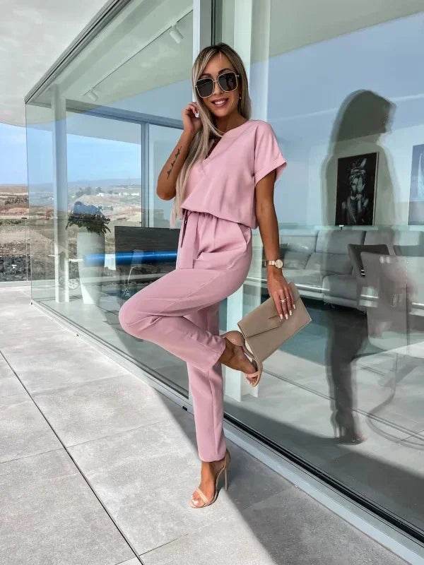 Jumpsuit Women 2023 Solid Color Short Sleeve V-neck Pocket Lace-up Pencil Long Pants Jumpsuits Summer Outfits Bodysuits - AIAZ