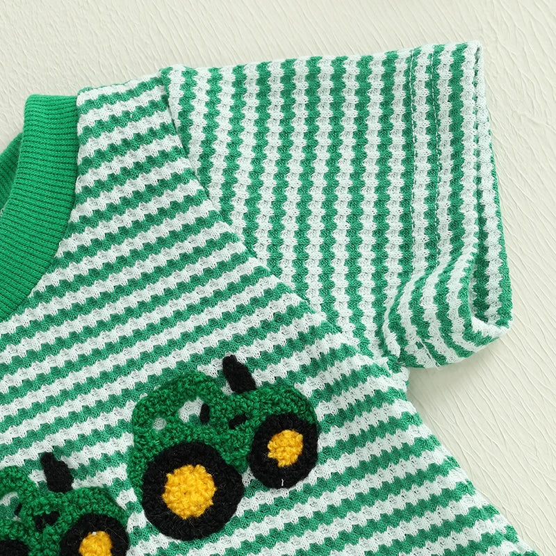 2024-12-04 Lioraitiin Summer Baby Girls Boys Rompers Waffle Truck Embroidery Stripe Short Sleeve Jumpsuits