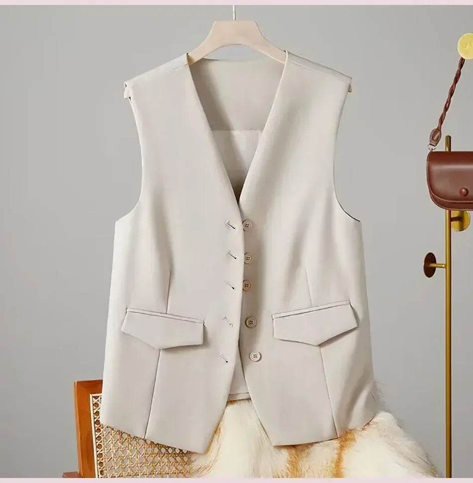 Women Suit Vest Elegant Women's V Neck Business Vest Sleeveless Waistcoat for Office Commute Style Solid Color Single-breasted - AIAZ